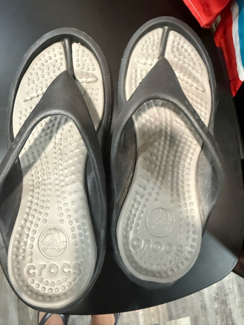 CROCS Black Strap Gray Footbed Women's Thong Sandals